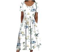 Women Summer Beach Dress Boho Casual Front Pleated Dresses Floral Printed Loose Pockets Holiday Sundress Ladies Elegant Short Sleeve Midi Dresses Flower Swing Flowy Dress
