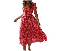 Women Summer Beach Dress Boho Casual Square Neck Dresses Floral Print Loose Holiday Sundress Ladies Elegant Short Sleeve Dresses A-line Swing Flowy Midi Dress UK Red
