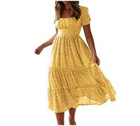 Women Summer Beach Dress Boho Casual Square Neck Dresses Floral Print Loose Holiday Sundress Ladies Elegant Short Sleeve Dresses A-line Swing Flowy Midi Dress UK Yellow