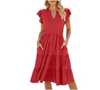 Women Summer Beach Dress Boho Casual V Neck Dresses Ruffle Short Sleeve Loose Holiday Sundress Ladies Elegant A-line Swing Flowy Midi Dress with Pockets UK Clearance Red