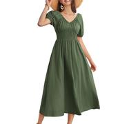 Women Summer Beach Dress Wedding Guest Green Short Sleeve Maxi A-Line Smocked Dresses for Evening Party Dinner L Size 18