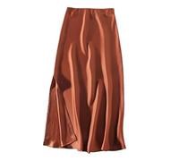 Women Summer Beige Long Trends High Waist Maxi Rayon Silk Pencil Side Slit Satin Skirts Brown L