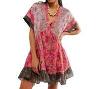 Women Summer Bohemian Mini Dress Short Sleeve V Neckline Floral Printed Ruffle Bottom Hem Oversized Flowy Dress Beach Club Dress Streetwear (Red, L)