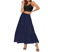 Women Summer Boho Maxi Skirt Ruched Elastic High Waist Casual Ruffle Flowy Swing Tiered Pleated A-Line Long Skirts Drawstring Holiday Casual Gypsy Beach Solid Color Skirts Navy