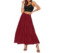 Women Summer Boho Maxi Skirt Ruched Elastic High Waist Casual Ruffle Flowy Swing Tiered Pleated A-Line Long Skirts Drawstring Holiday Casual Gypsy Beach Solid Color Skirts Wine