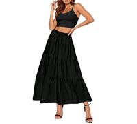 Women Summer Boho Maxi Skirt Ruched Elastic High Waist Casual Ruffle Flowy Swing Tiered Pleated A-Line Long Skirts Drawstring Holiday Casual Gypsy Beach Solid Color Skirts Black