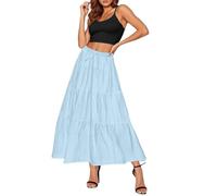 Women Summer Boho Maxi Skirt Ruched Elastic High Waist Casual Ruffle Flowy Swing Tiered Pleated A-Line Long Skirts Holiday Casual Gypsy Beach Solid Color Skirts Sky Blue
