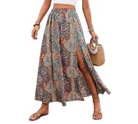 Women Summer Boho Maxi Skirt Vintage Floral Print High Waist Side Slit Gypsy Skirts Elegant A-Line Breathable Long Half Dress for Beach Holiday