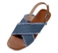 Women Summer Buckle Strap Casual Open Toe Denim Flat Soft Bottom Breathable Shoes Sandals Womens Jelly Sandals with Studs (Blue, 4.5)