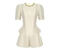 Women Summer Casual 2 Pieces Outfit Clothes Elegant Retro Puff Sleeve Slim Tops Shirt High Waist Shorts Set Beige M