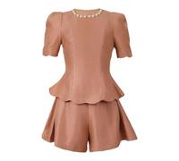 Women Summer Casual 2 Pieces Outfit Clothes Elegant Retro Puff Sleeve Slim Tops Shirt High Waist Shorts Set Coral Red XL