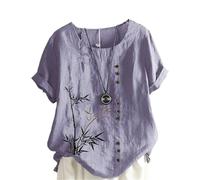 Women Summer Casual Bamboo Loose T-Shirts Round Neck Short Sleeve Blouse Tops Dark Purple XL