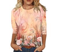Women Summer Casual Fashion T Shirts for Women Summer Tops Round Neck Three Quarter Sleeve Comfortable Floral Print Blouse Yoga Workout Top Blouses for Women UK Elegant