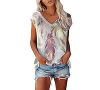Women Summer Casual Loose Low Neck Short Sleeve Tshirt Feather Print Tshirt Tops T Shirts for Women Summer Beige