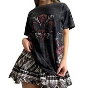 Women Summer Casual Tops Short Sleeve Y2K Vintage T-Shirt Oversize Loose Crewneck Elastic Athletic Black Tees (Red Print, S)