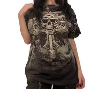 Women Summer Casual Tops Short Sleeve Y2K Vintage T-Shirt Oversize Loose Crewneck Elastic Athletic Black Tees (White Print, L)