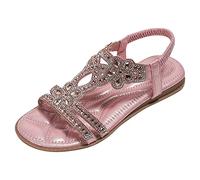Women Summer Comfortable Bohemian Style Open Toe Rhinestone Flower Rhinestone Elastic Back Strap Leather Open Summer Chic Beach Holiday Going Out Daily Shoes, 01 Pink, 9 UK
