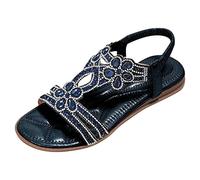 Women Summer Comfortable Bohemian Style Open Toe Rhinestone Flower Rhinestone Elastic Back Strap Leather Open Summer Chic Beach Holiday Going Out Daily Shoes, 01 Dark Blue, 7 UK