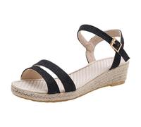 Women Summer Comfortable Linen Wedge Sole Braided Edge Open Toe Double Front Strap Ankle Strap Adjustable Buckle Sandals Casual Bohemian Style for Going Out Vacation, 01 Black, 7 UK