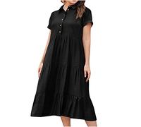 Women Summer Cotton Linen Dresses Short Sleeve Buttons Front V-Neck Swing Tiered Midi Dress for Ladies UK Holiday Daily Wear Collared Neck Shirt Dress Black
