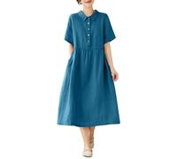 Women Summer Cotton Linen Dresses UK Short Sleeve Half Button Midi Dress with Pocket Ladies Baggy Casual A-Line Dress Plain Oversized Solid Holiday Party Beach Dresses, UK Size S-XXL Blue