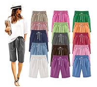 Women Summer Cotton Pants Womens Solid Casual Drawstring Elastic Waist Knee Length Bermuda Shorts Summer Soft Cute Beach Shorts with Pockets UK Size 3_Light Blue L