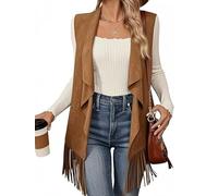 Women Summer Cowgirl Tassel Waistcoat Suede Rivets Sleeveless Fringed Jacket 70s Western Hippie Country Vest (F-Light Brown, 2x_l)