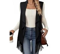 Women Summer Cowgirl Tassel Waistcoat Suede Rivets Sleeveless Fringed Jacket 70s Western Hippie Country Vest (F-a-Black, M)