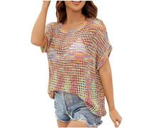 Women Summer Crochet Hollow Out Knit Top Beach Cover up Short Sleeve Knit Pullover Crochet Jumper Bikini Cover up Swimsuit Swimwear Bikini Swimsuit Bathing Suit Sarongs Beachwear Multicolor