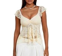 Women Summer Crop Tank Top Flying Sleeve V Neck Double Layered Lotus Edge Babydoll Top Y2K Lace Floral Cami Shirt (Yellow A, L)