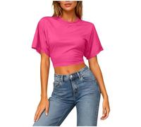 Women Summer Crop Tops Short Batwing Sleeve Crew Neck Blouse Basic T Shirt Sexy Cropped Fitted Tees Summer Outfits Dressy Casual Tshirts Ladies Plain Shirts Y2K Streewear Hot Pink