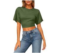 Women Summer Crop Tops Short Batwing Sleeve Crew Neck Blouse Basic T Shirt Sexy Cropped Fitted Tees Summer Outfits Dressy Casual Tshirts Ladies Plain Shirts Y2K Streewear Army Green