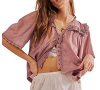 Women Summer Cute Blouse Shirt Y2k Ruffle Trim Low Cut Mesh Crop Top Short Sleeve Button Down Going Out Shirt(Dirty Pink,L)