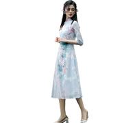 Women Summer Dress,Embroidered Ao Dai Cheongsam Dress,Chinese Classical Tang Suit Hanfu Qipao Clothing, Blue, Small