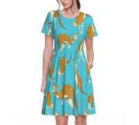 Women Summer Dress Funny Cartoon Kangaroo Zoo Print Casual Short Sleeve Swing Dress with Pockets Breathable Comfortable, black, S