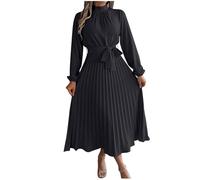 Women Summer Dress Long Sleeve Swing Women's Dresses A Line Ruffle Sundresses for Women Solid Color Stand Collar Beach Wear Tie Front Knee Length Boho Dresses for UK Black