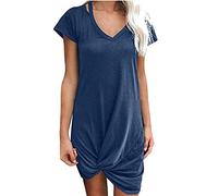 Women Summer Dress Short Sleeves V-Neck Dress Solid Colour Plain Twist-Knot Beach Cover Ups T-Shirt A-line Tunic Bohemian Mini