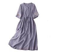 Women Summer Dress Women's Cotton Linen Dresses Summer Embroidered Sleeve A Line Comfy Cotton Maxi Dress Trendy Vacation Clothes Maxi Dresses for Women UK Plus Size Purple