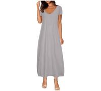 Women Summer Dresses Casual Short Sleeve Baggy Midi Dress with Pockets Ladies V Neck Solid Color Lounge Dress Summer Loose Comfortable Sundress Oversized Maxi Dresses Gray