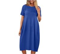 Women Summer Dresses Casual Short Sleeve Knee Length Dress Solid Crewneck T Shirt Dresses with Pockets Ladies Midi Dresses Loose Baggy Sundress Summer Spring Dress UK Sale Clearance Blue
