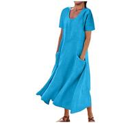 Women Summer Dresses Cotton Linen Dress Ladies Round Neck Short Sleeve Casual Long Dress with Pocket Baggy Flowy Pleated Dress Solid Plain Oversized Dresses Holiday Party Beach Dress Elegant Dress 16