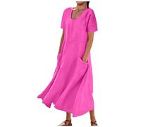 Women Summer Dresses Cotton Linen Dress Ladies Round Neck Short Sleeve Casual Long Dress with Pocket Baggy Flowy Pleated Solid Plain Oversized Dresses Holiday Party Beach Elegant 16