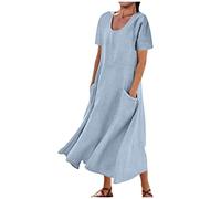 Women Summer Dresses Cotton Linen Dress Round Neck Short Sleeve Casual Long Dress with Pocket Baggy Flowy Pleated Dress Solid Plain Oversized Dresses Holiday Party Beach Dress Elegant Dress Sky Blue