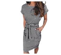 Women Summer Dresses Crewneck Straps Short Sleeve Striped Printed T Shirt Dress Casual Tie Waist Midi Dresses Elegant Tunic Dress Loose Flowy Swing Shift Dresses with Pocket Black