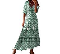 Women Summer Dresses Half Sleeve Casual V Neck Drawstring Tiered Flowy Beach Long Maxi Dresses Floral Boho Sundress Girls' Dresses Ladies Dresses Sale Promotion Clearance