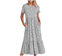 Women Summer Dresses Short Sleeve Baggy Midi Dress with Pockets Round Neck Casual Loose Calf Length Flowy Swing Dress Sun Dresses Ladies Elegant Summer Vacation Holiday Beach Dresses UK Sale Clearance