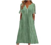 Women Summer Dresses UK Buttons V-Neck Short Sleeve Dresses Solid Hollow Out Holiday Party Beach Dress with Pocket Baggy Casual Pleated Midi Dress Plain Oversized Elegant Sundress
