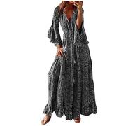 Women Summer Dresses UK Clearance Ladies Vintage Printed Dress 3/4 Sleeve Sundress V Neck Dresses A-Line Dress Maxi Skirts Ruffle Skirt Loose Swing Clothes Elegant Costume Holiday Travelling Outfits