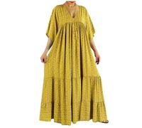 Women Summer Dresses UK Plus Size Bohemian Maxi Dress Half Sleeve V Neck Boho Dress Baggy Casual Pleated Dress Vintage Floral Oversized Long Dresses Holiday Party Beach Sundress Sale Clearance