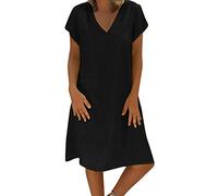 Women Summer Dresses UK Plus Size Cotton Linen Dress Short Sleeve Baggy Dress Solid Plain Midi Dresses Daliy Casual Linen Loose Dress Ladies Retro Dresses Women's Fashion Plus Size 8-22